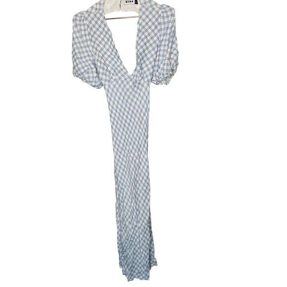 RIXO Blue White Checkered Steph Crepe Tie Back Puff Sleeves Midi Dress Size 10 - Picture 4 of 13